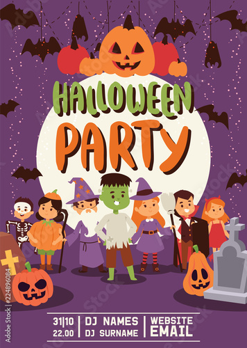 Halloween kids costume trick or treat party costumes vector characters. Little child people Halloween bat, candy, ghost, zombie kids costume fun cartoon boys and girls carnival party website banner