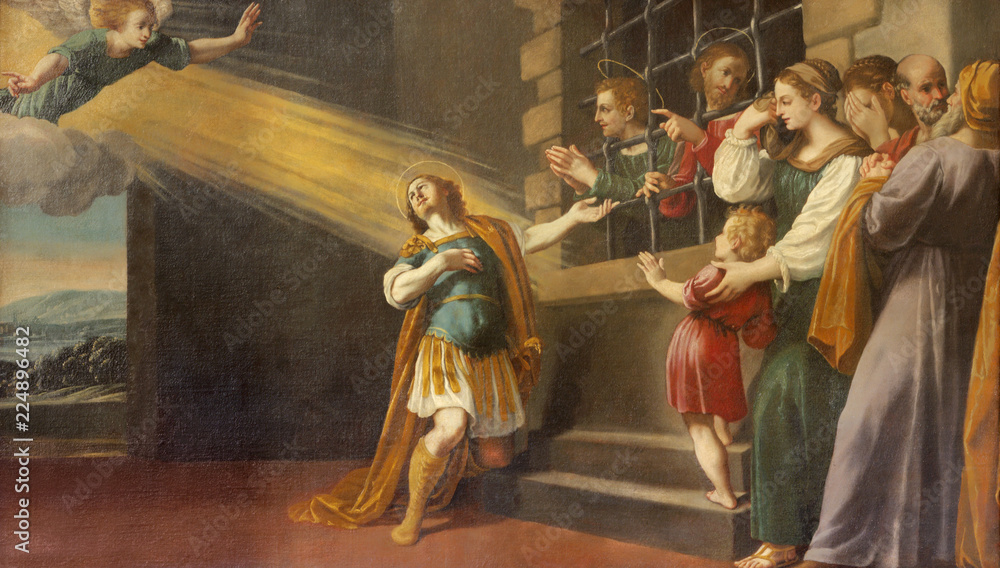MODENA, ITALY - APRIL 14, 2018: The painting of the scenes from life of martyr St. Sebastinan in church Chiesa di Santa Maria della Pomposa by Bernardino Cervi (1625).