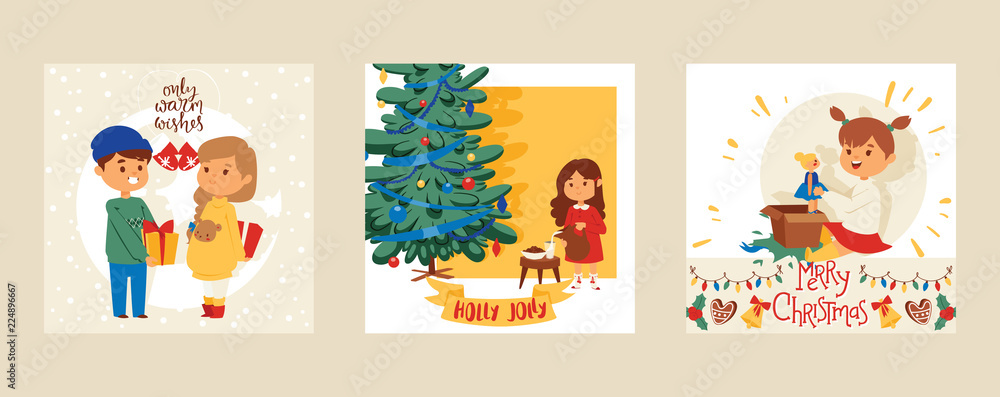 Christmas 2019 Happy New Year greeting card vector boy and girl friends celebrate together background banner holidays winter xmas hand draw congratulation New Year poster or web banner illustration