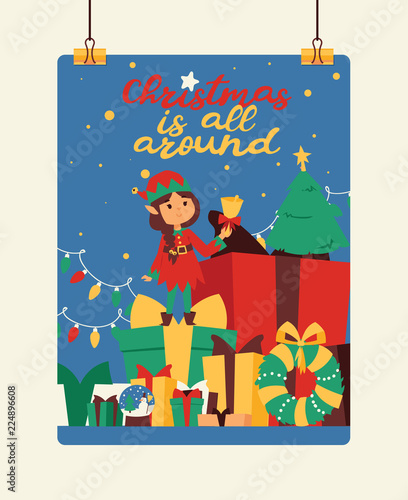 Santa Claus elf kids helpers vector illustration children celebrate Cristmas party. Santa helpers in traditional costume Xmas 2019 background. Elf christmas kids