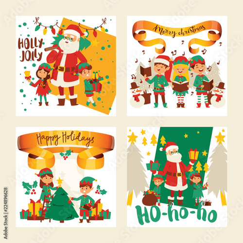 Santa Claus elf kids helpers vector illustration children celebrate Cristmas party. Santa helpers in traditional costume Xmas 2019 background. Elf christmas kids