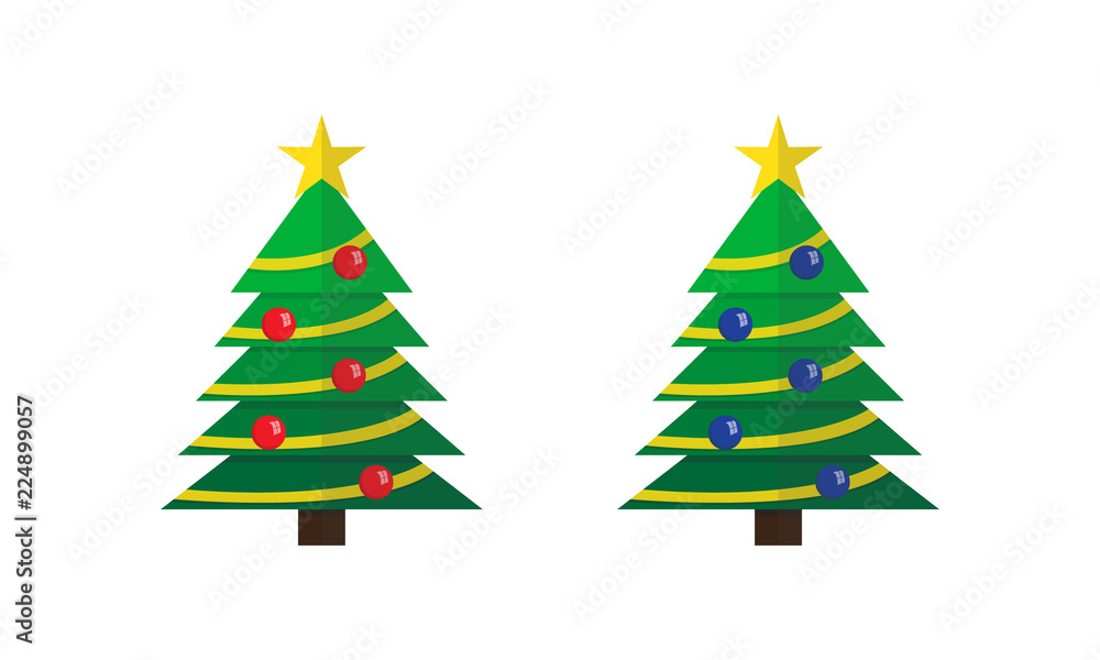 Decorated Christmas trees with star and balls set Decorated Christmas trees with star and balls set
