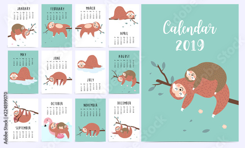 Cute monthly calendar 2019 with sloth