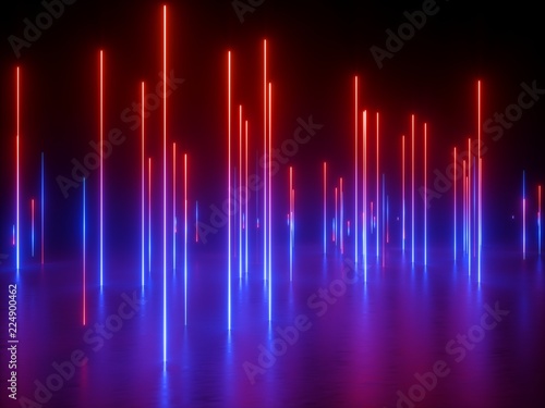 3d rendering, ultraviolet spectrum, neon lights, laser show, night club, vertical glowing lines, equalizer, abstract fluorescent background, optical illusion, virtual reality