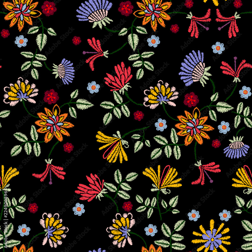Embroidery repeat pattern with meadow flowers. Vector seamless floral patch for clothing design.