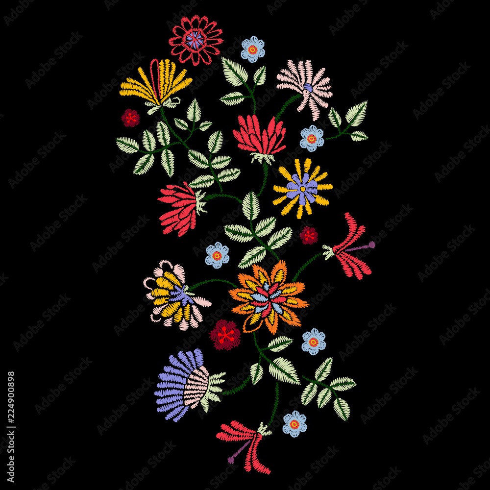 Embroidery native pattern with ethnic flowers. Vector embroidered