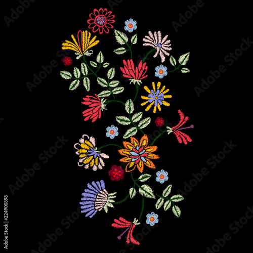 Embroidery native pattern with ethnic flowers. Vector embroidered traditional floral design for fashion fabric.