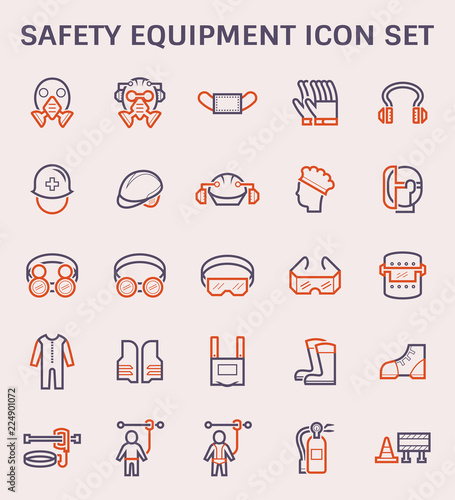 Safety equipment icon or personal protective equipment (PPE) in construction work. Consist of respirator, glove, hard hat, mask, vest, boot and harness etc. For protect worker from injury or infection