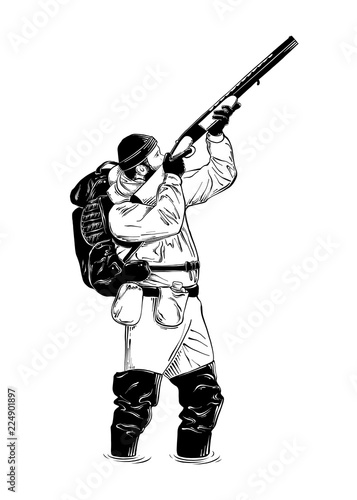 Vector engraved style illustration for posters, decoration and print. Hand drawn sketch of hunter with gun in black isolated on white background. Detailed vintage etching style drawing.