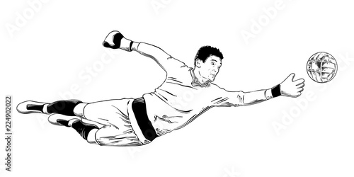 Vector engraved style illustration for posters, decoration and print. Hand drawn sketch of soccer player goalkeeper in black isolated on white background. Detailed vintage etching style drawing.