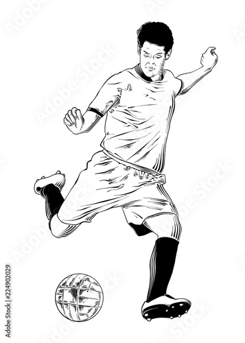 Vector engraved style illustration for posters, decoration and print. Hand drawn sketch of soccer player in black isolated on white background. Detailed vintage etching style drawing.