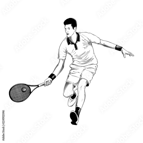 Vector engraved style illustration for posters, decoration and print. Hand drawn sketch of tennis player in black isolated on white background. Detailed vintage etching style drawing.