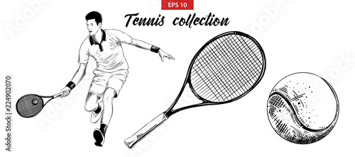 Vector engraved style illustration for posters, decoration and print. Hand drawn sketch set of tennis player, tennis racket and ball isolated on white background. Detailed vintage etching drawing.