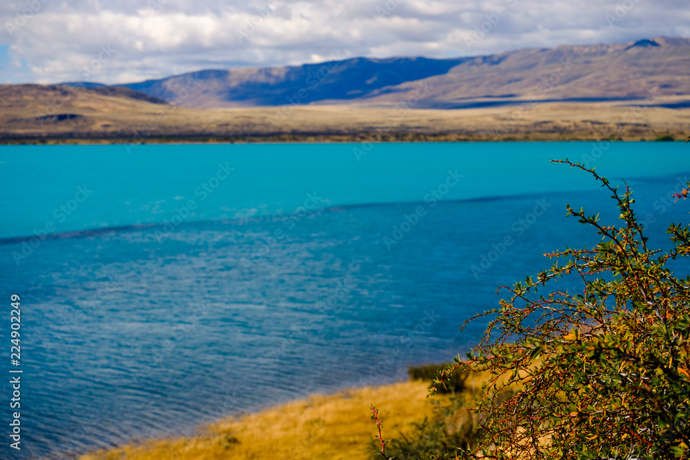Lake Argentino near El Calafate, in Argentinian Patagonia, shows two colours of deep and undeep, pure meltwater.