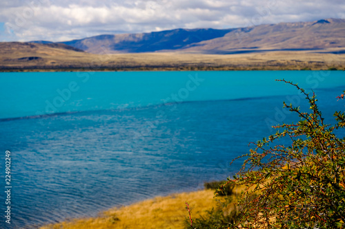 Lake Argentino near El Calafate, in Argentinian Patagonia, shows two colours of deep and undeep, pure meltwater.