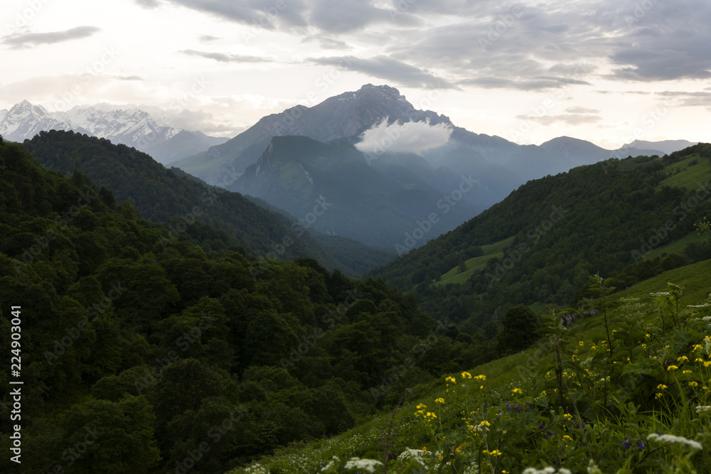 Fototapeta premium Mountain landscape, green peaks and clouds.