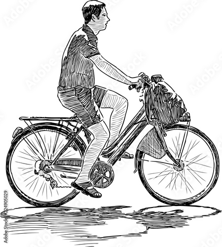 Hand drawing of a city dweller biking