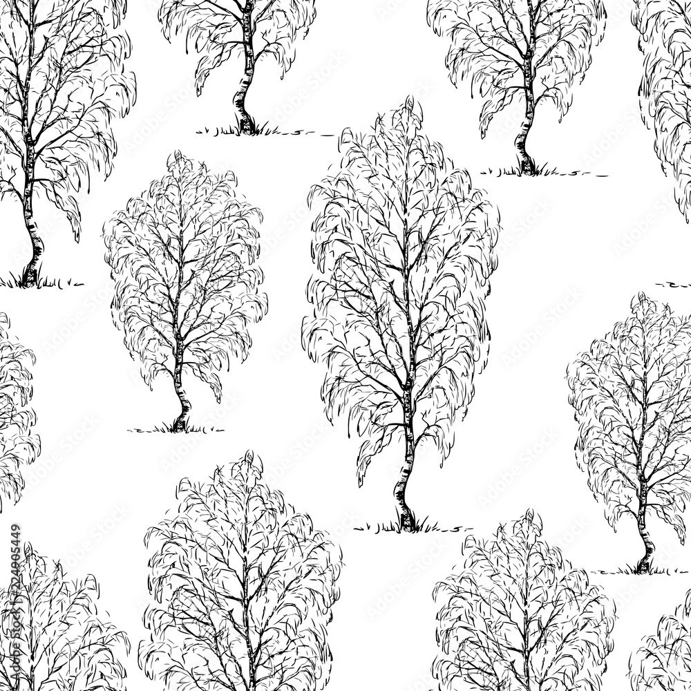 Seamless background of sketches of birch trees