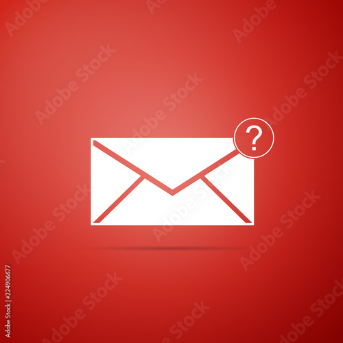 Envelope with question mark icon isolated on red background. Letter with question mark symbol. Send in request by email. Flat design. Vector Illustration