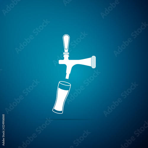 Beer tap with glass icon isolated on blue background. Flat design. Vector Illustration