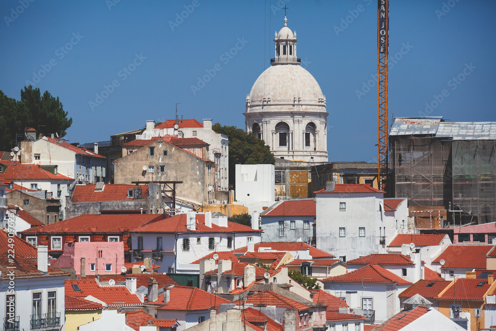 Obraz premium Beautiful super-wide angle aerial panoramic view of Lisbon, Portugal, with Alfama district and historical old town, seen from the observation deck belvedere