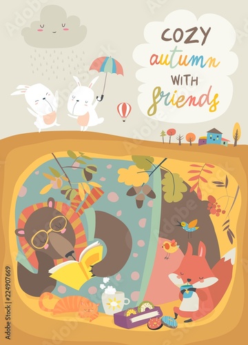 Cute animals reading book in den. Hello autumn