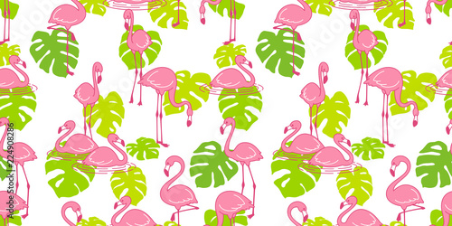 Flamingo seamless pattern vector pink Flamingos exotic bird monstera leaf tropical summer scarf isolated tile background repeat wallpaper cartoon illustration