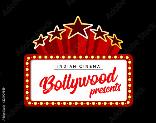 Bollywood is a traditional Indian movie. Vector illustration with marquee lights