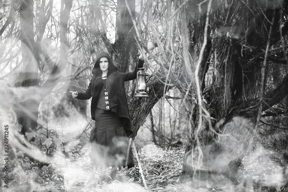 Obraz premium Kobieta w stroju czarownicy w gęstym lesie