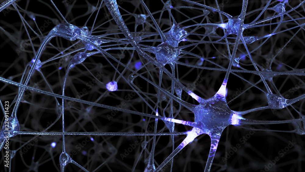 3D rendering of a network of neuron cells and synapses in the brain ...