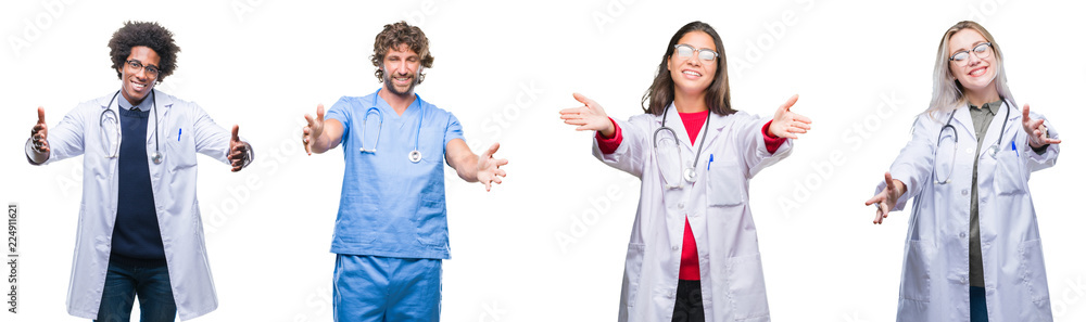Collage of group of doctor, nurse, surgeon people over isolated background looking at the camera smiling with open arms for hug. Cheerful expression embracing happiness. Collage of group of doctor, nurse, surgeon people over isolated background looking at the camera smiling with open arms for hug. Cheerful expression embracing happiness.