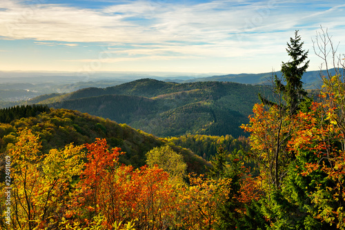 Scenic evening view over colourful trees and endless forest covered hills in autumn