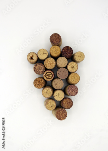 Wine corks grouped in the shape of a grape. Grape shape corks.Room for text, copy space for text.Top view. Flat lay.