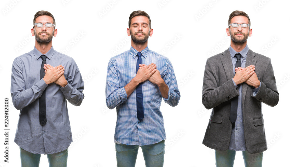 Collage of young business hispanic man over isolated background smiling with hands on chest with closed eyes and grateful gesture on face. Health concept. Collage of young business hispanic man over isolated background smiling with hands on chest with closed eyes and grateful gesture on face. Health concept.