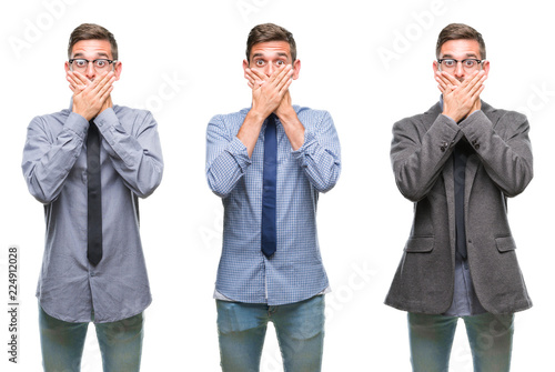Collage of young business hispanic man over isolated background shocked covering mouth with hands for mistake. Secret concept.