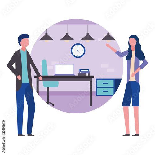 business man and woman office furniture accessories