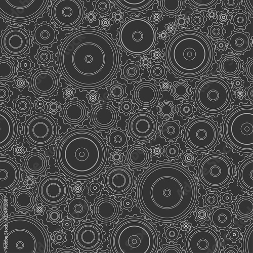 Seamless pattern of gears of different sizes. Outline of mechanisms. Complex background