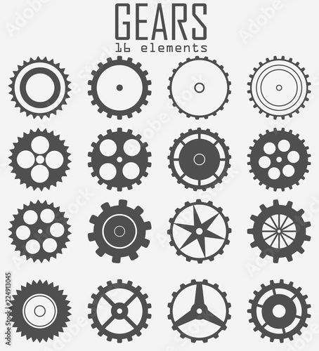 A set of different gears. 16 items. Mechanisms