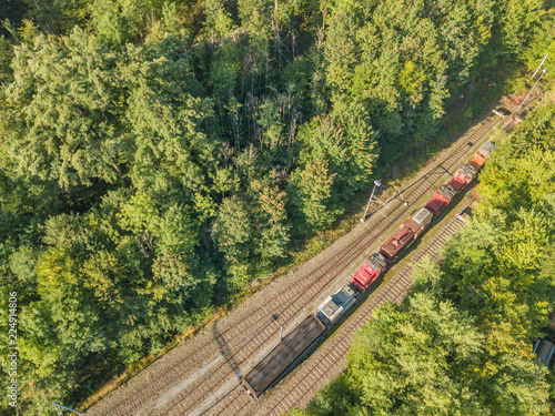 Aerial view of rail tracks through forest