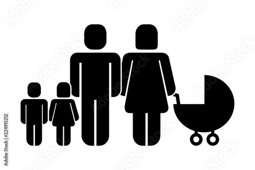 parents with son daughter and baby pram pictogram