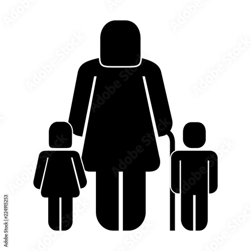 old woman grandma with grandson and granddaughter pictogram