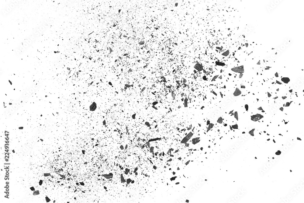 Black charcoal dust, gunpowder isolated on white background and texture, top view - obrazy, fototapety, plakaty 