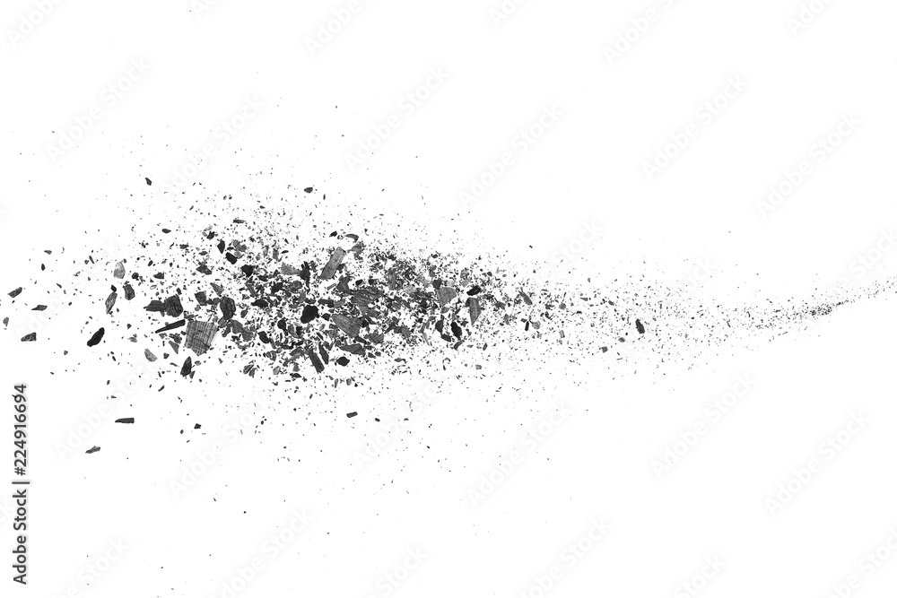 Fototapeta premium Black charcoal dust, gunpowder isolated on white background and texture, top view
