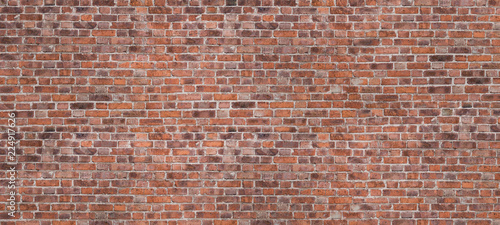 Dark Brown Or Red Old Brick Wall, Panorama. Brickwork Background Or Texture. Copy Space For Text Or Banner.