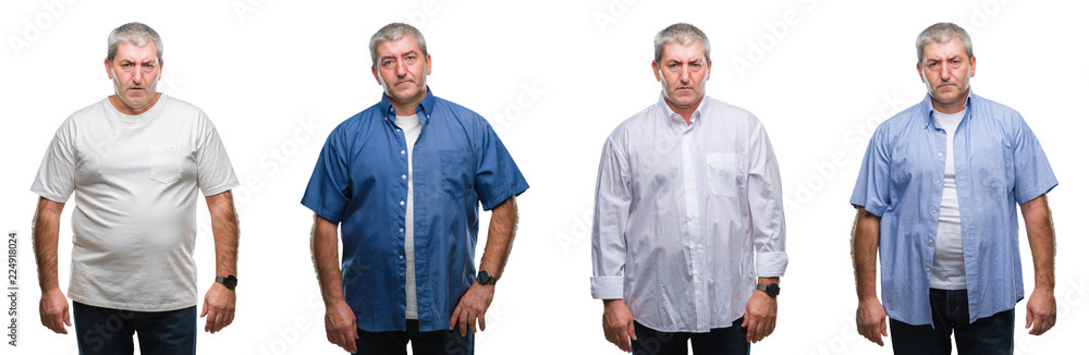 Collage of senior hoary man over white isolated backgroud skeptic and nervous, frowning upset because of problem. Negative person. Collage of senior hoary man over white isolated backgroud skeptic and nervous, frowning upset because of problem. Negative person.