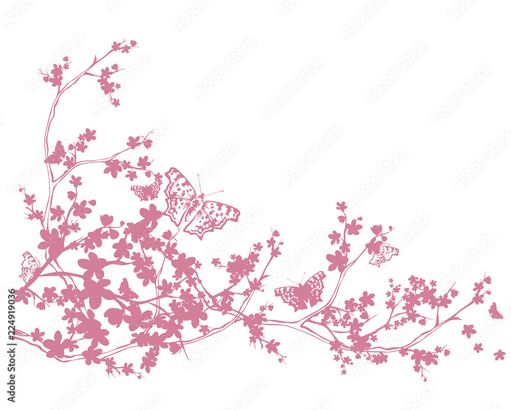 cherry tree blooming branches and flying butterflies - spring season vector silhouette design