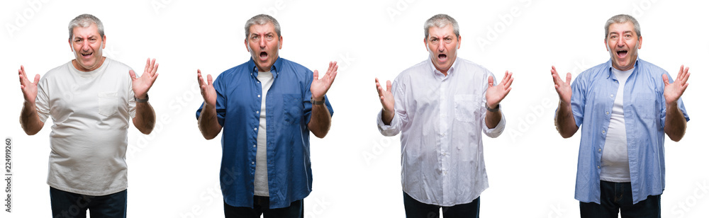 Collage of senior hoary man over white isolated backgroud crazy and mad shouting and yelling with aggressive expression and arms raised. Frustration concept.