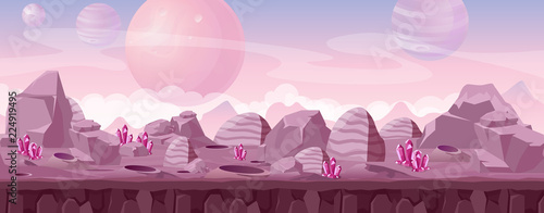 Vector illustration of beautiful alien landscape in pink colors with crystals and mountains. Other planet fantasy landscape, sci-fi background for UI Game.