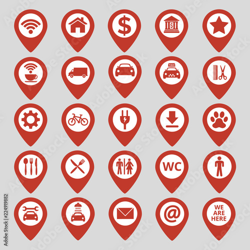 Map pin location icons set on gray background.