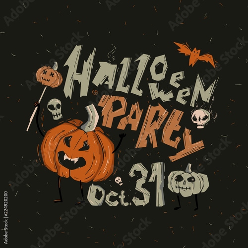 Illustration on a Halloween with a pumpkin holding a scepter with a small pumpkin. It says  Halloween party. 